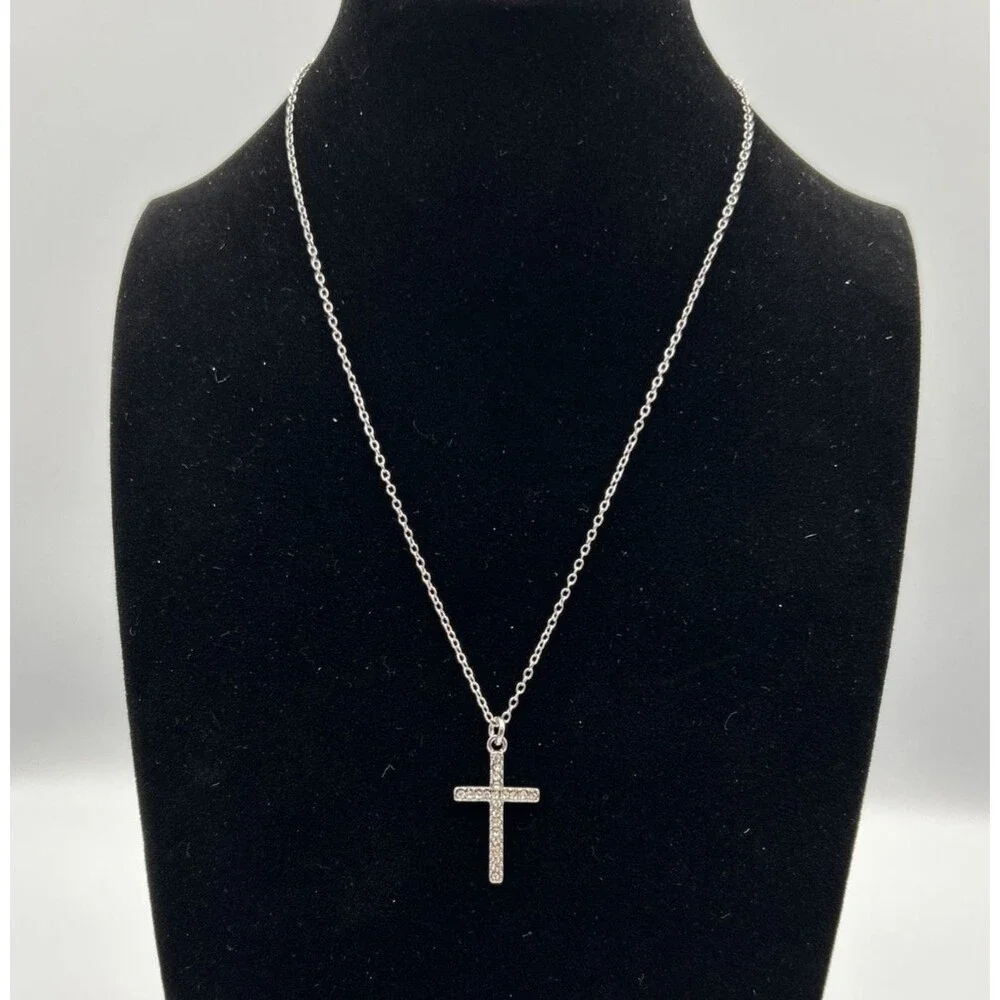 Vintage Silver Tone White Rhinestone Cross Pendant 18